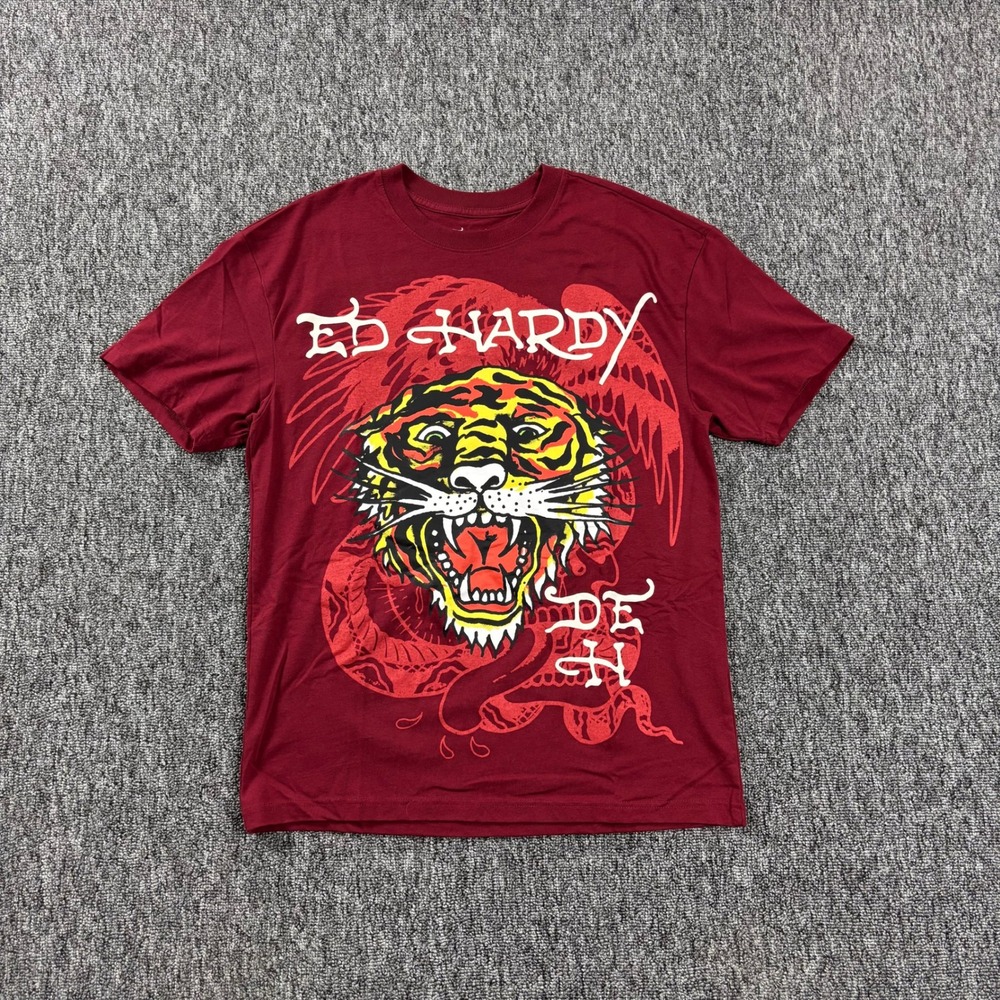 Y2K Ed Hardy Christian Audigier Tiger Graphic T-Shirt Maroon Red Unisex Small